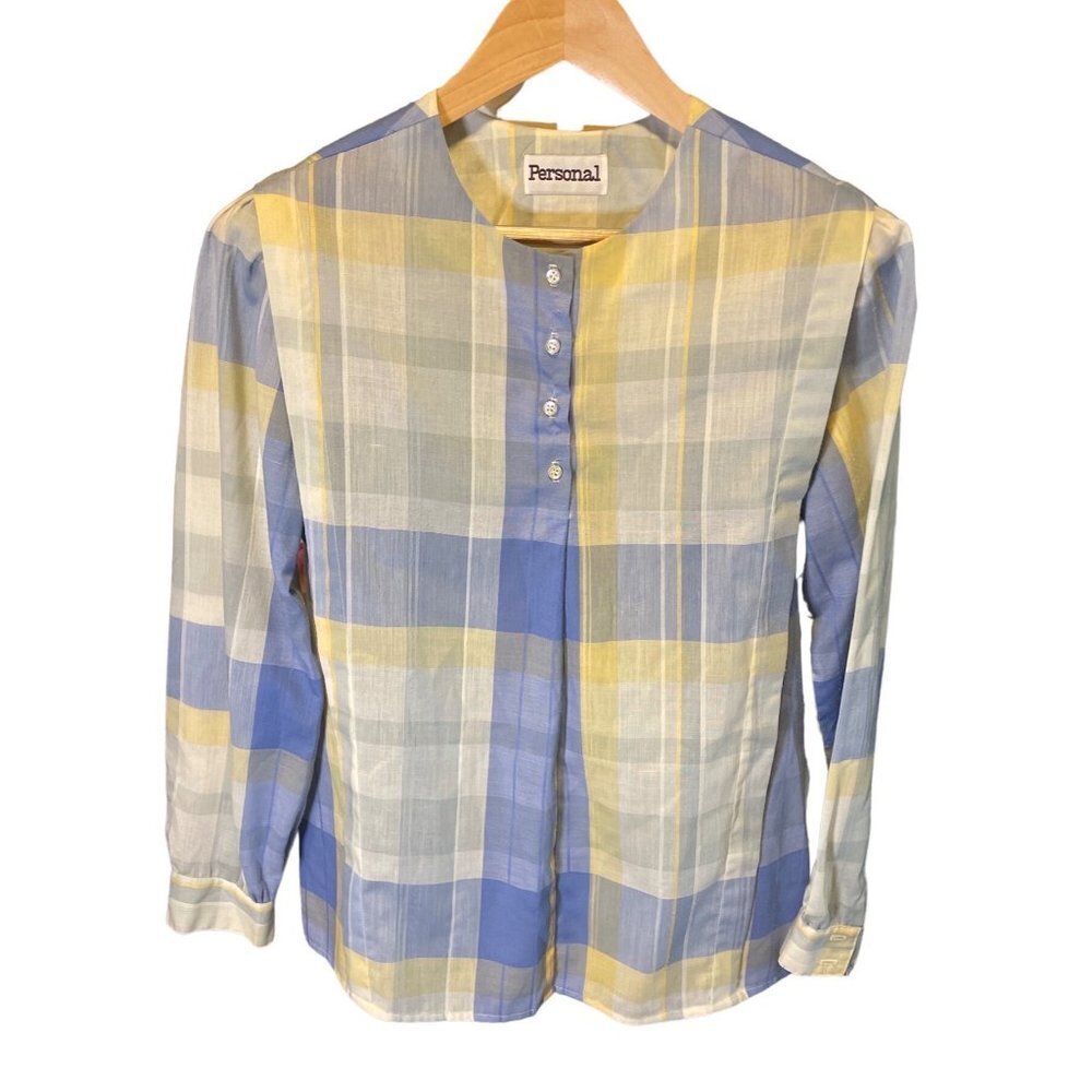 Vintage 80s 90s Blue Yellow Plaid Collarless Long Sleeve Tunic Blouse Sz M